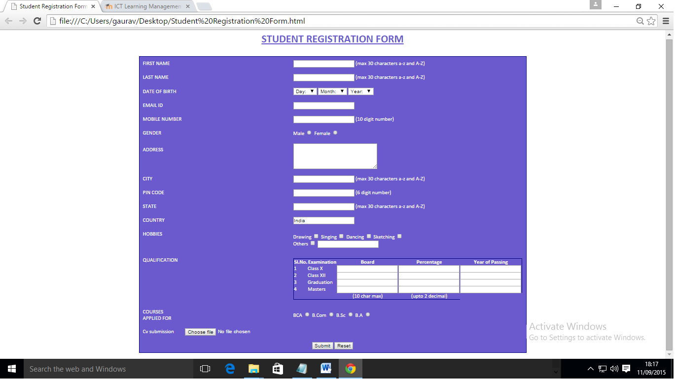 Design a student registration form such that which include all input ...