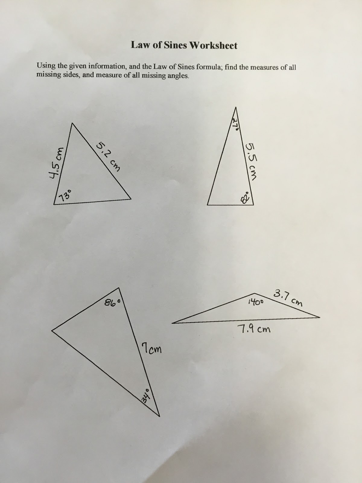 Biology by the Math Mom: Hands-On Law of Sines and Cosines