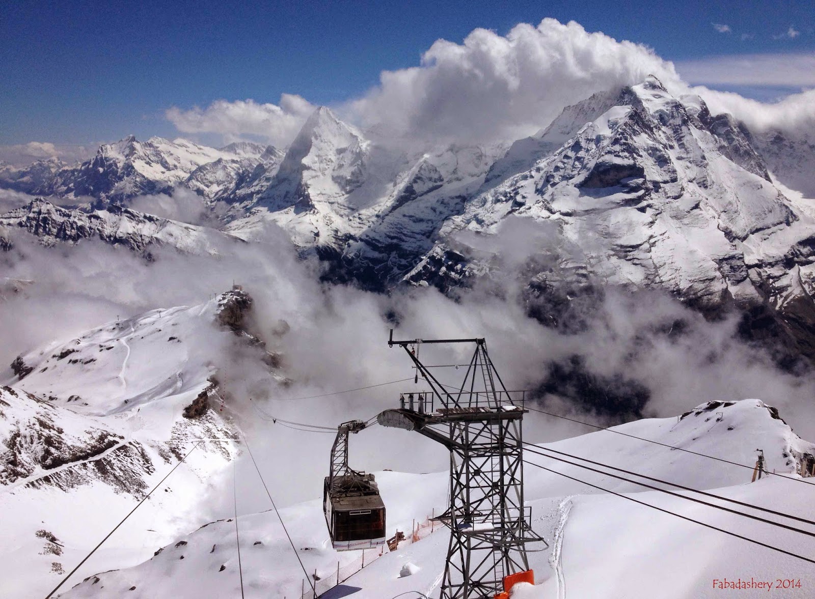 View of the cable car from Piz Gloria, Shilthorn, Switzerlabnd