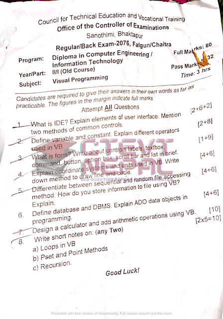 Visual Programming - 3rd Semester Question Papers CTEVT | Diploma in ...