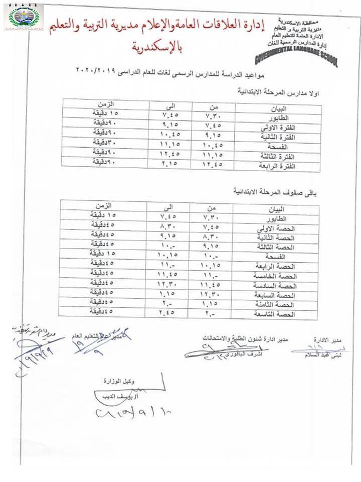 رسمياً.. مواعيد بدء ونهاية اليوم الدراسى لجميع المراحل للعام الدراسي ٢٠٢٠/٢٠١٩ "مستند" 1