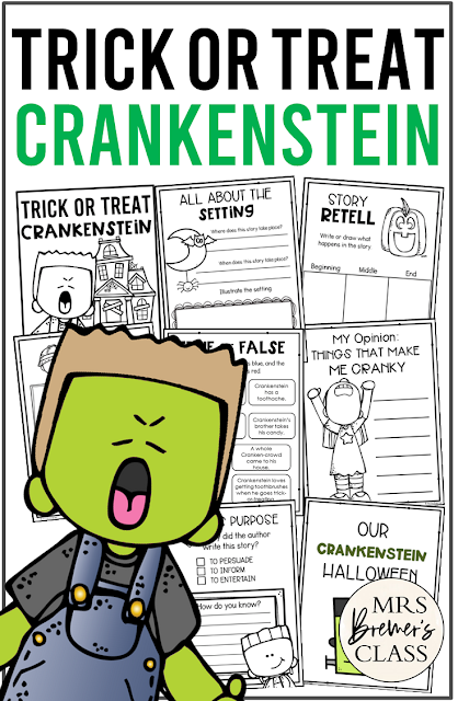 Trick or Treat Crankenstein book activities unit with Common Core aligned literacy companion activities, class book, and craftivity K-1