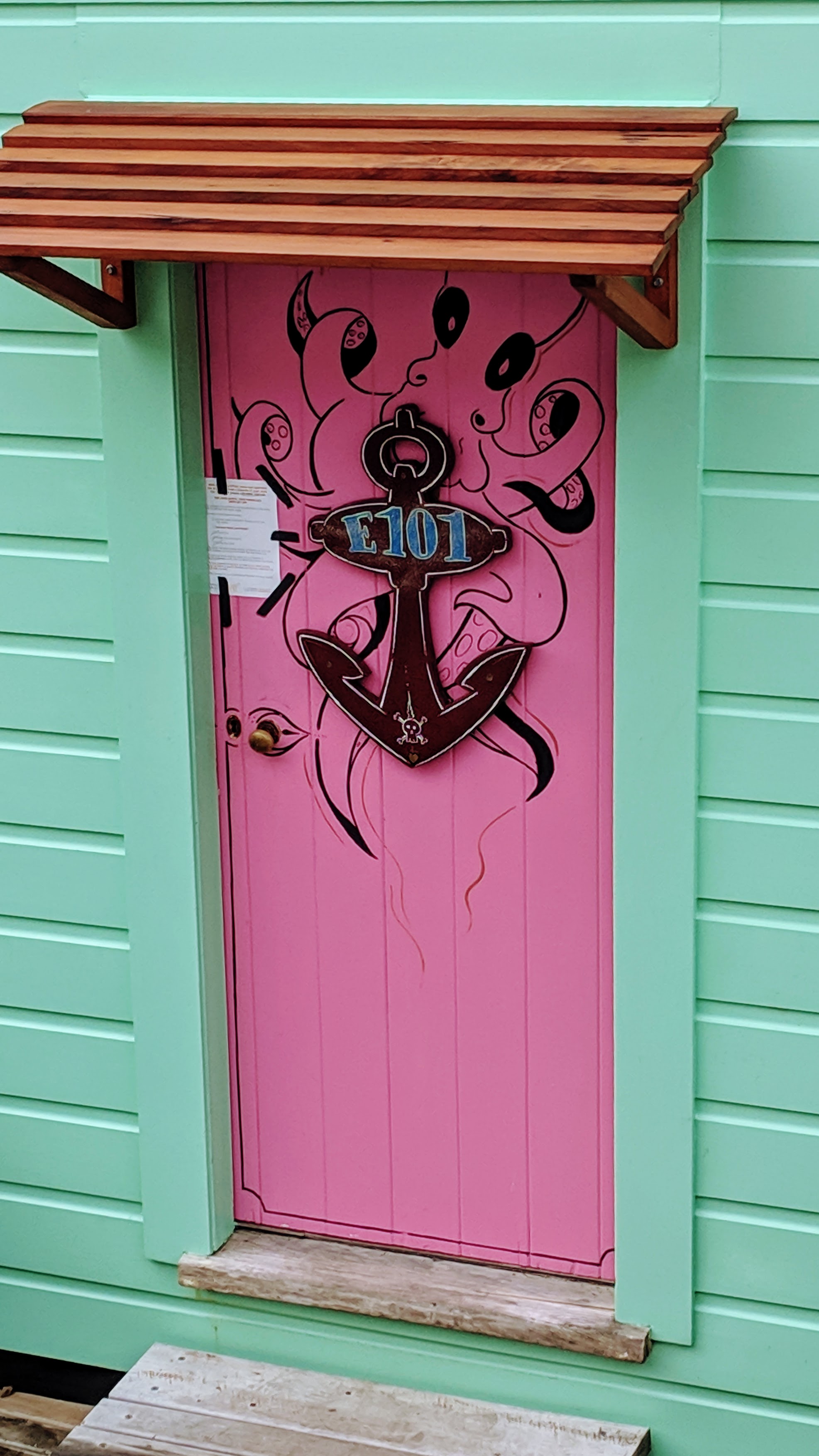 Pink boatshed door against a lime green background