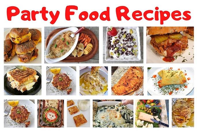 Party Food Recipe Menu this is collage of party foods with photos of each one