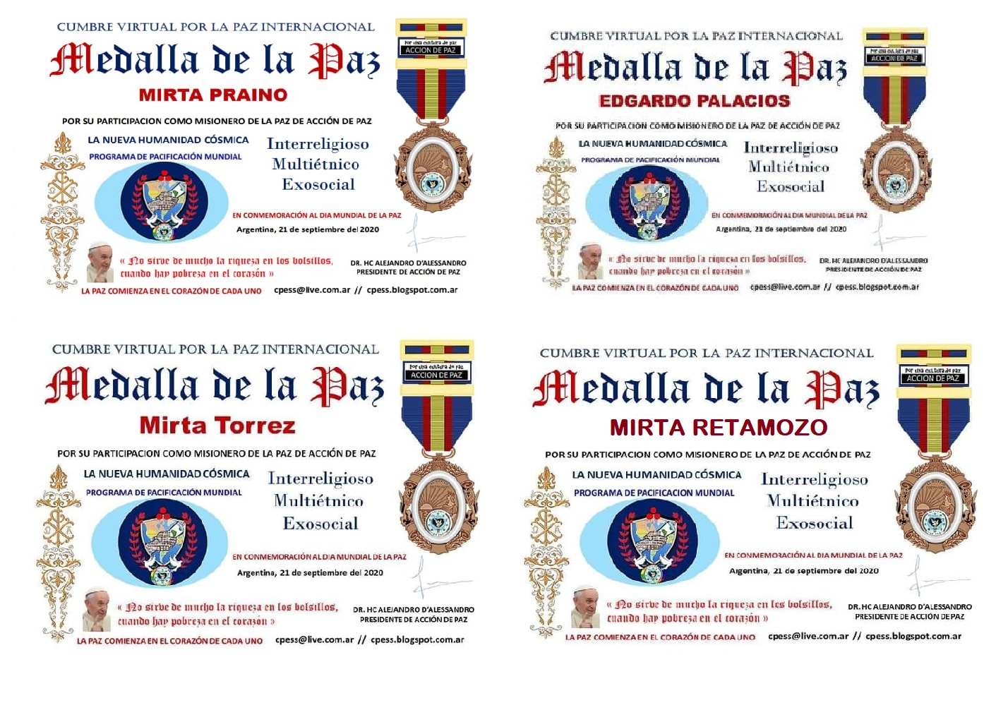 MEDALLAS DE PAZ a 4 integrantes de FOMUIB