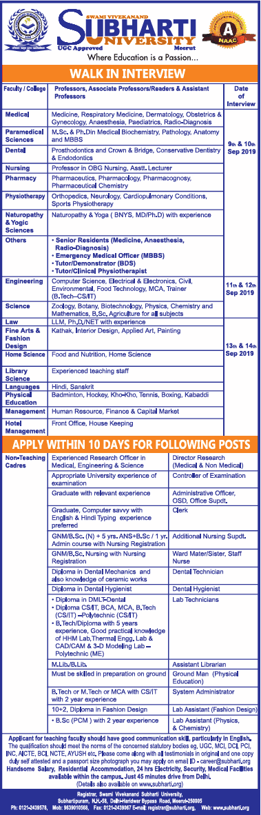 Walk-in-Interview for Law Faculty posts at Subharti University, Meerut - Interview date 13&14 Sep, 2019