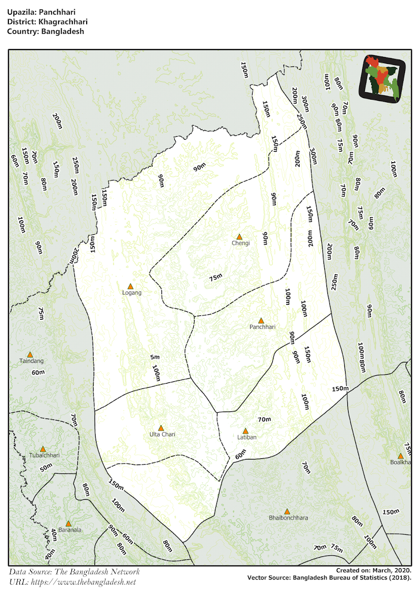 Panchhari Upazila Elevation Map Khagrachhari District Bangladesh