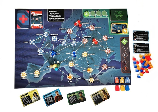 kooperacyjna gra rodzinna o prostych zasadach N azdjęciu plansza do gry i wszystkie komponenty, gra przygotowana do rozgrywki