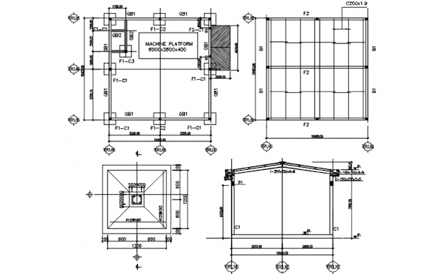 STEEL STRUCTURE FRAME PLAN AND ELEVATION WITH FOOTING IN AUTOCAD