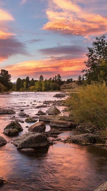 Landscape, sunset clouds, river, stones, forest wallpaper