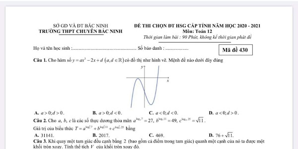 Đề trắc nghiệm Toán chọn đội tuyển học sinh giỏi cấp tỉnh của trường chuyên Bắc Ninh