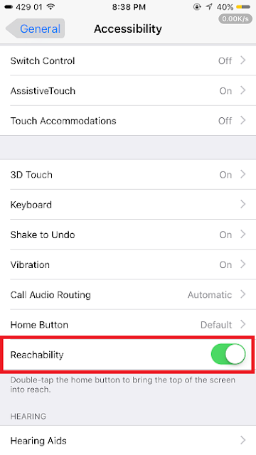 How to disable Reachability on iPhone 6/6S and iPhone 6/S Plus Step 1: Go to Settings >> General >> Accessibility. Step 2: Scroll down to the bottom to find Reachability.