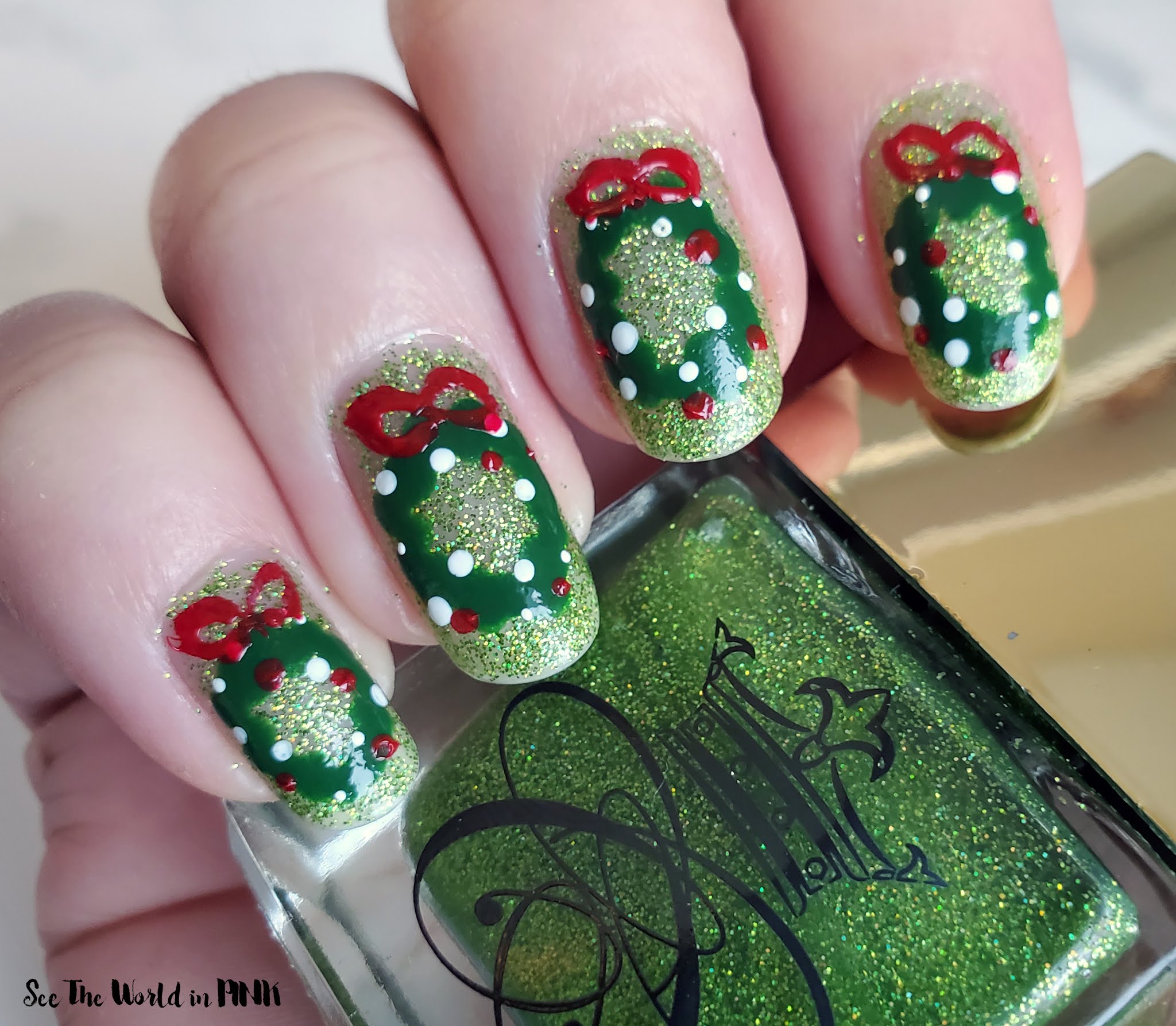 Manicure Monday Christmas Wreath Nails See the World in PINK