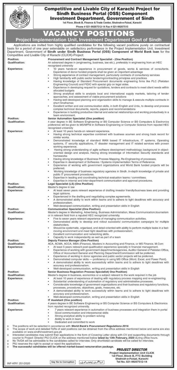 Investment Department Government of Sindh Jobs 2020