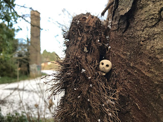 Skulferatu #21 in tree by Stink Vent by Water of Leith, Edinburgh.Photo by Kevin Nosferatu for Skulferatu Project