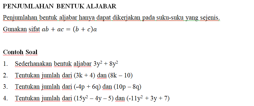 Penjumlahan Bentuk Aljabar Matematika Kelas 7 Media Pembelajaran Online Guru Spensaka Smpn1kalimanah