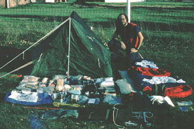Photo of Tim Gaffney with backpacking gear in late 1974.