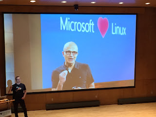 Picture of me on the stage illustrating the statement from Microsoft’s CEO Satya Nadella about “Microsoft loves Linux”.