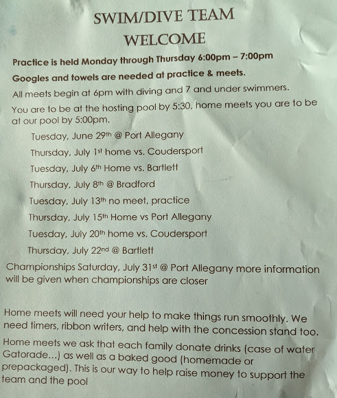 Cameron County PA News: Swim meet schedule for our Emporium team! Cameron County PA News: Swim meet schedule for our Emporium team!