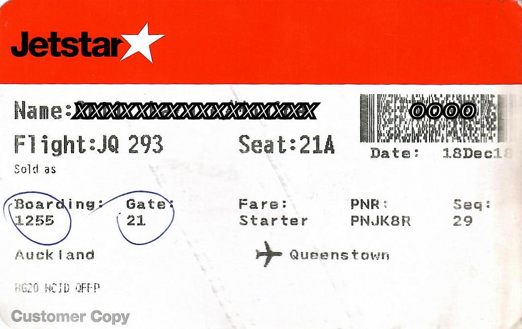 The traveler's drawer JETSTAR. Boarding pass for the flight JQ 293