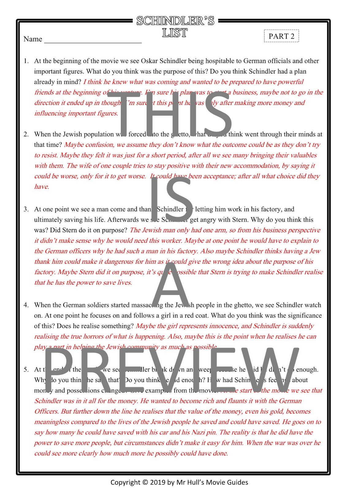 Schindler's List Movie Guide + Activities Answer Keys Included