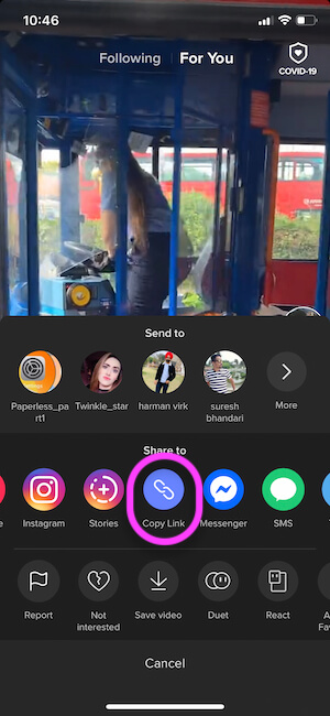 Sao chép tùy chọn liên kết trên bảng chia sẻ của ứng dụng Tiktok iPhone