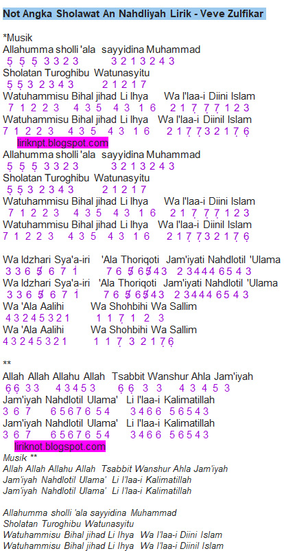 Not Angka dan Lirik Lagu Sholawat An-Nahdliyah (Veve Zulfikar) | Dunia