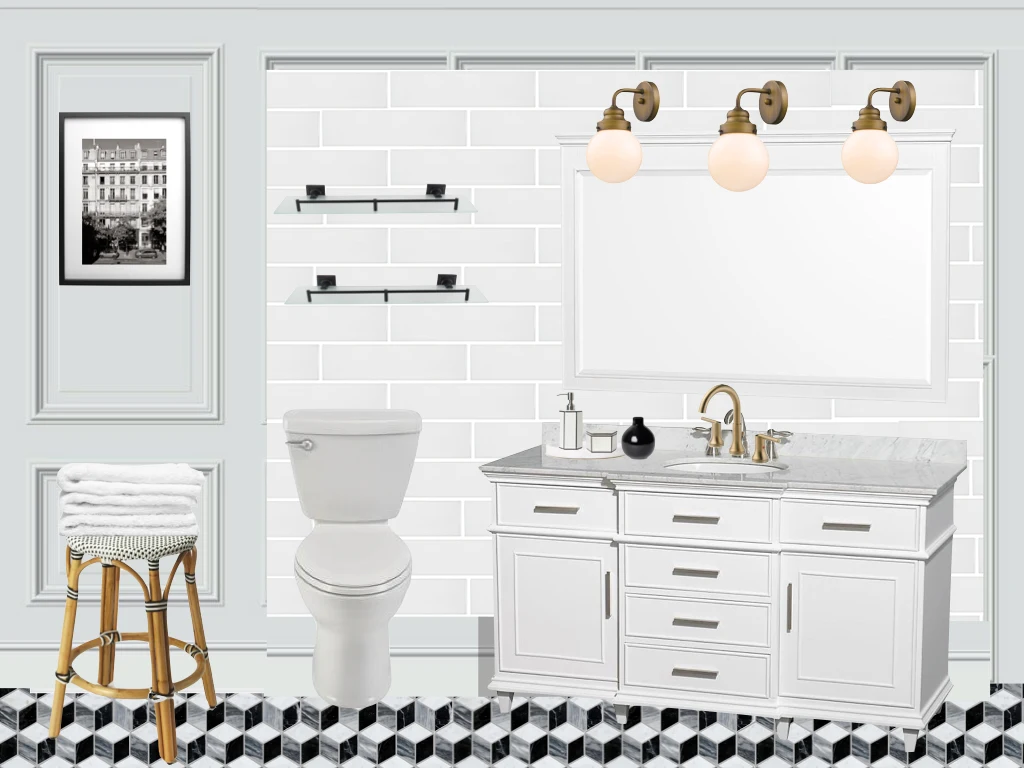 French bistro style, French bathroom, black white marble, one room challenge bathroom renovation