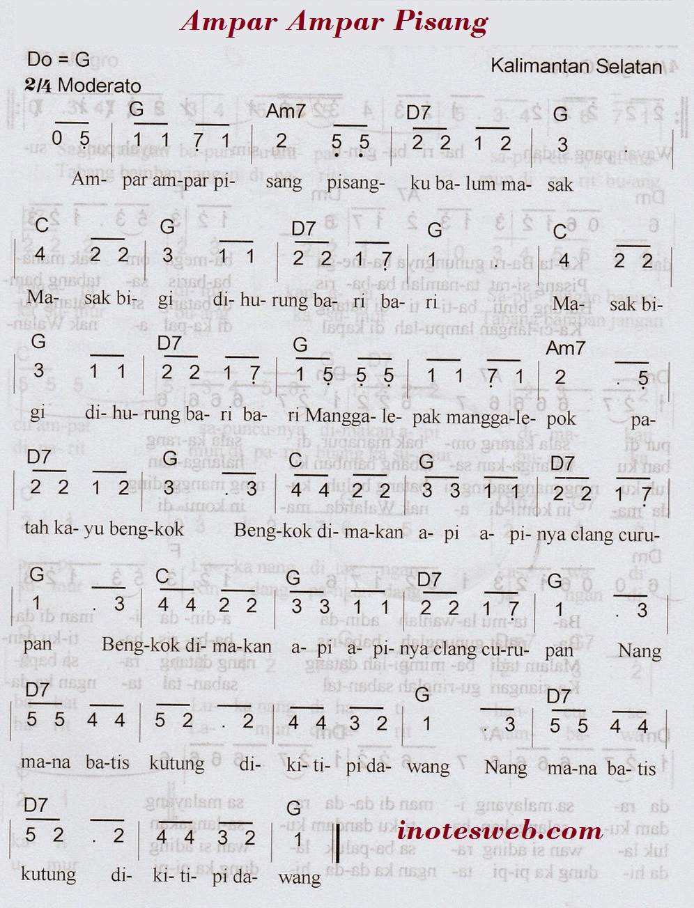 Lirik Lagu Ampar Ampar Pisang Beserta Not Angka