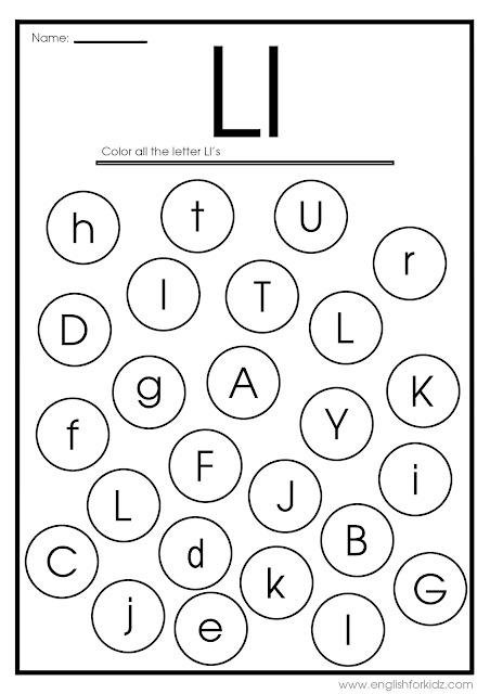 Find letter l worksheet -- printable ESL materials to teach English alphabet