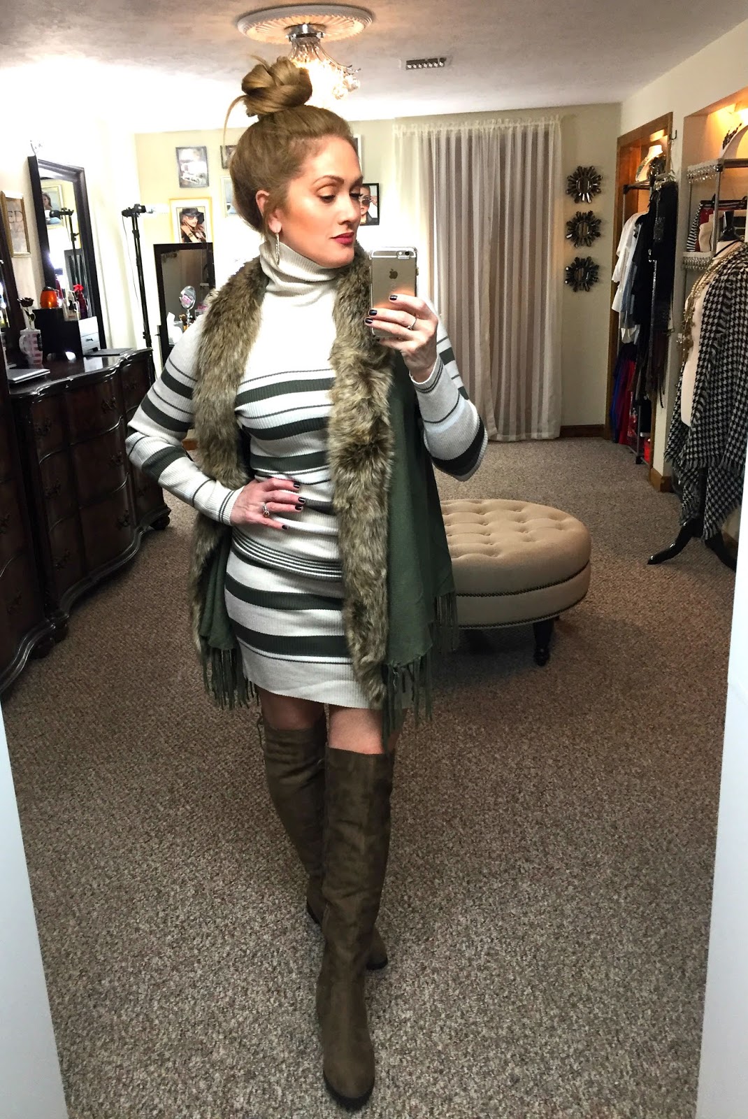 Sweater dress shop with fur vest