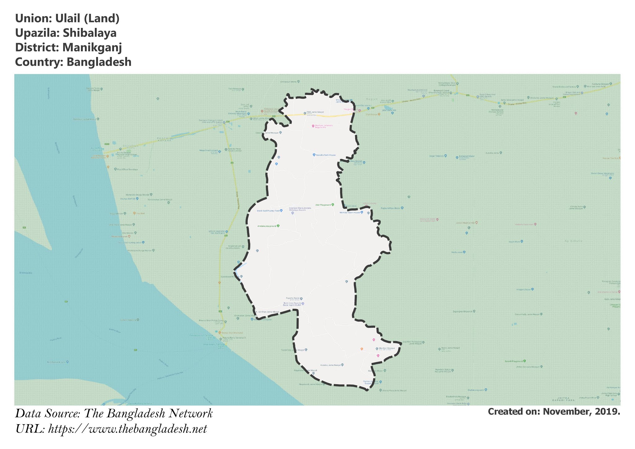 Map of Ulail of Manikganj, Bangladesh.
