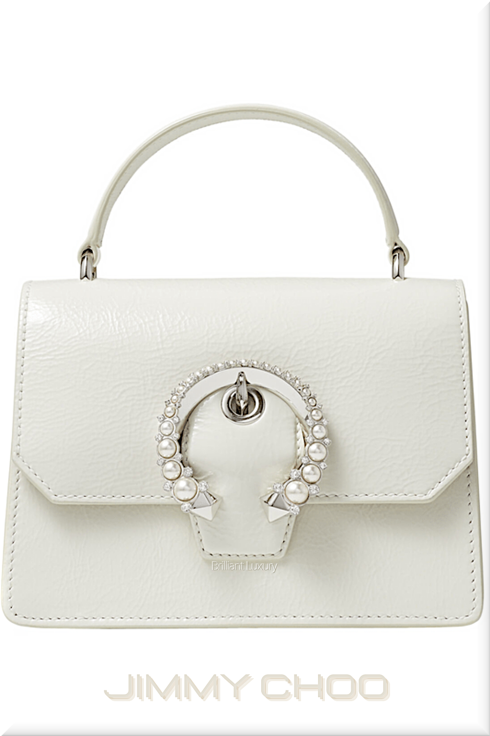 ♦Jimmy Choo Madeline satchel in latte patent textured leather with pearl buckle #jimmychoo #bags #brilliantluxury ♦Jimmy Choo Madeline satchel in latte patent textured leather with pearl buckle #jimmychoo #bags #brilliantluxury