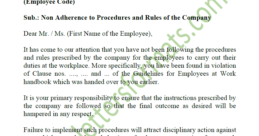 Warning Letter To Employee For Not Following Procedures Rules