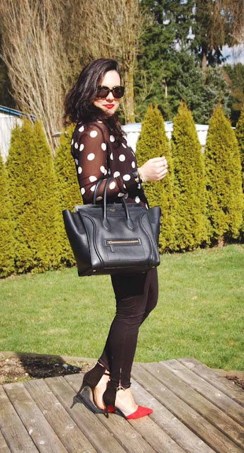 Polka dot blouse, J brand jodphurs, Zara colorblock heels and a Celine Mini Luggage bag.