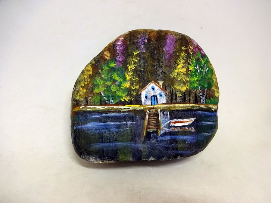 COMO PINTAR PIEDRAS CON PAISAJE DE LAGO PASO A PASO