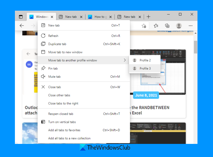 Cómo mover pestañas a una ventana de perfil diferente en el navegador Edge