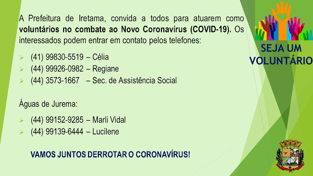 Prefeitura de Iretama convida moradores para atuarem como voluntários no combate ao COVID-19