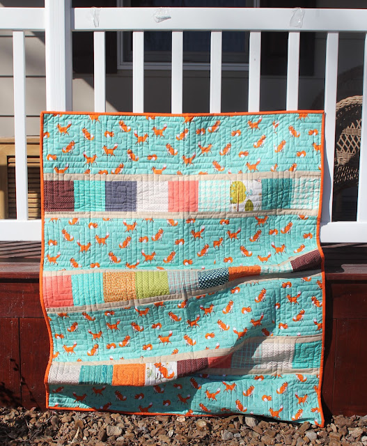 Colorblock baby boy quilt with fox fabric