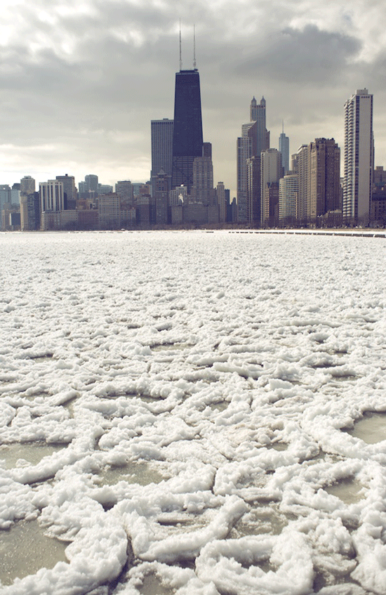 Even after living here for 14 years I’m always struck by the juxtaposition of Chicago’s towering steel skyline against the brutal midwest winter as it transforms the lakefront into an arctic landscape. Dave Gorum,co-founder and creative director over at Carbonmade, went out last week and shot some footage of the densely packed ice chunks as they sloshed around in Lake Michigan off Lake Shore Drive and then converted them into these great gifs.