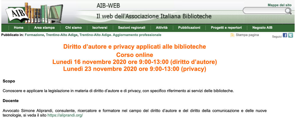 Diritto d’autore e privacy applicati alle biblioteche: corso online per AIB Trentino-Alto Adige