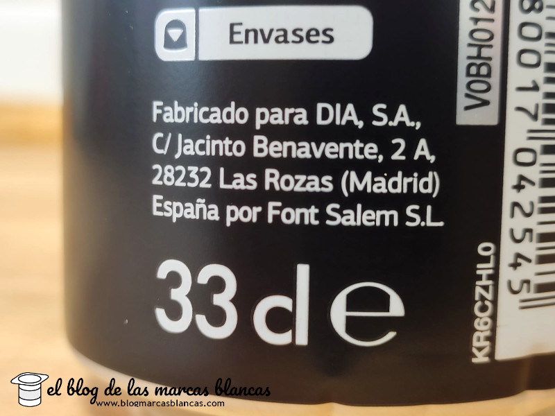 Etiqueta de bebida: Hola Cola Zero* Sin Cafeina (Font Salem, S.L.,  EspañaCol:ES-SODA-000187