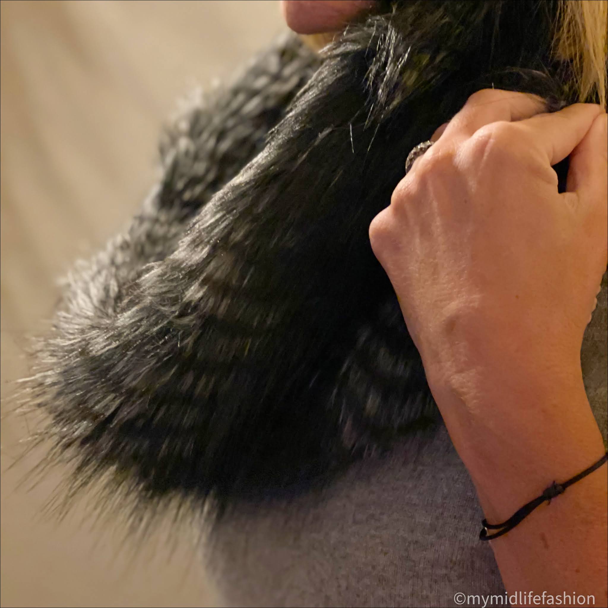 my midlife fashion, Helen Moore faux fur cowl in black quail