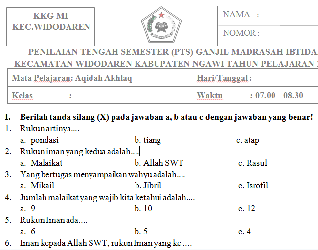 Soal Uts Aqidah Akhlak Kelas 1 Semester Ganjil Kurikulum