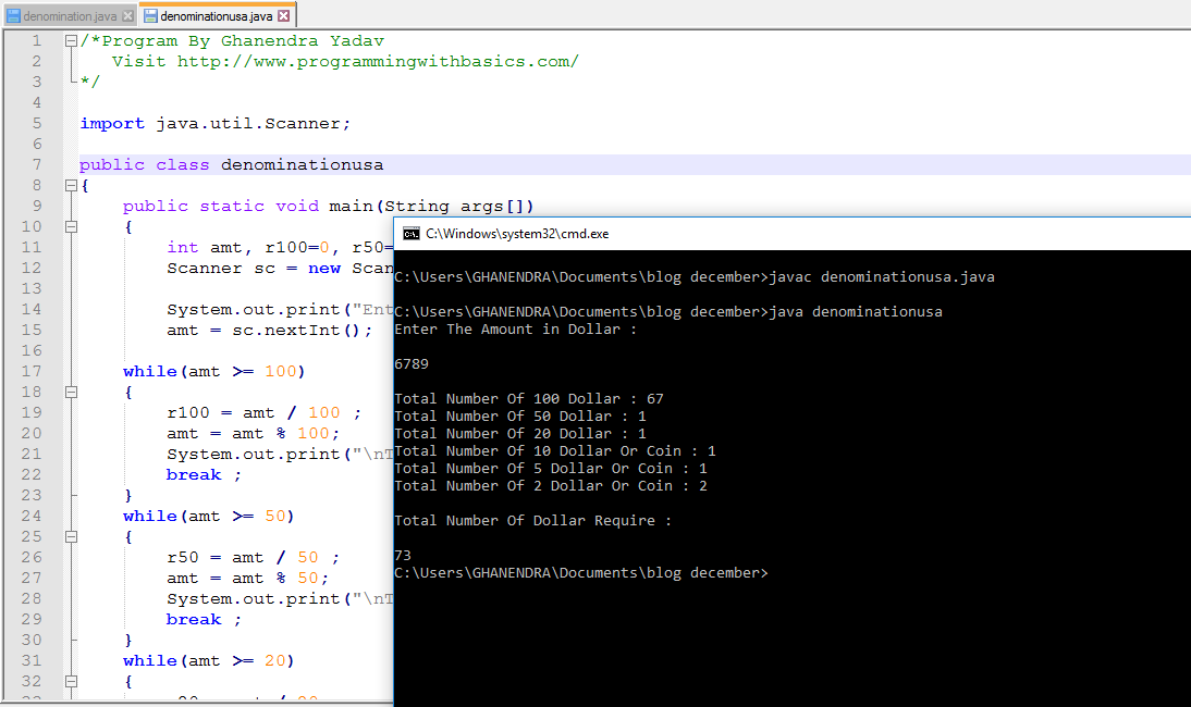 Denomination Program in Java | 2000, 500, 100, 50, 20, 10, 5, 2, 1
