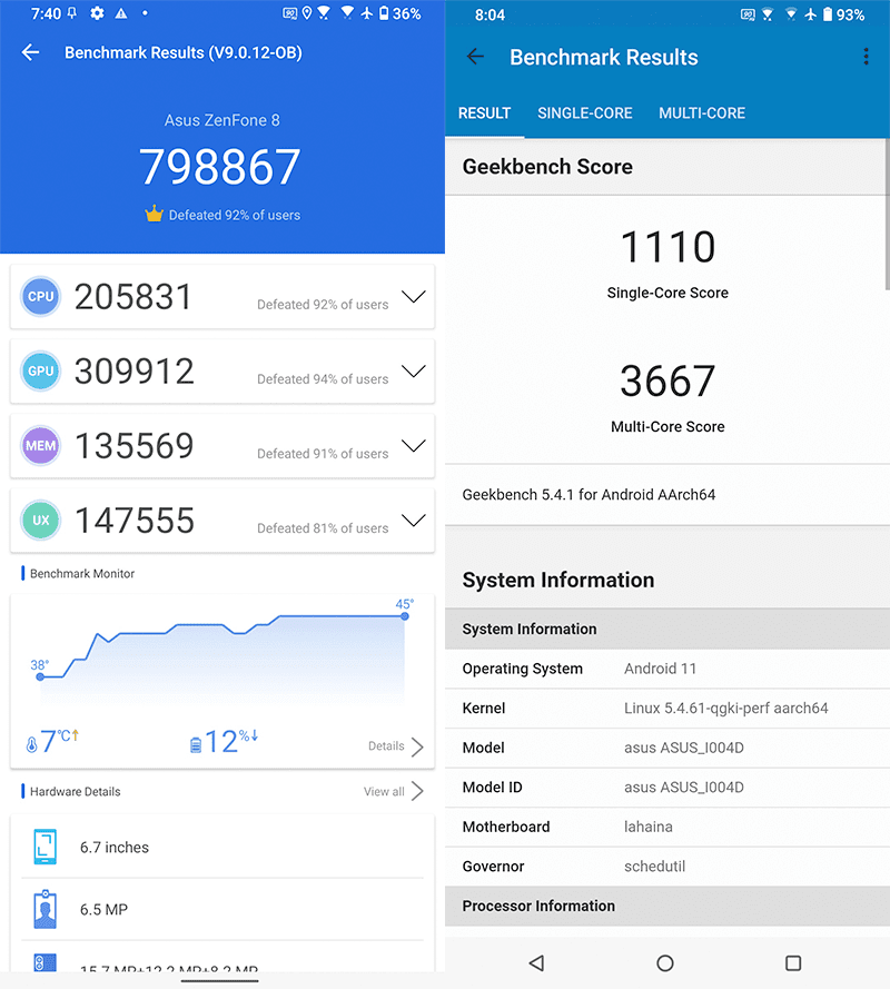 AnTuTu and GeekBench results