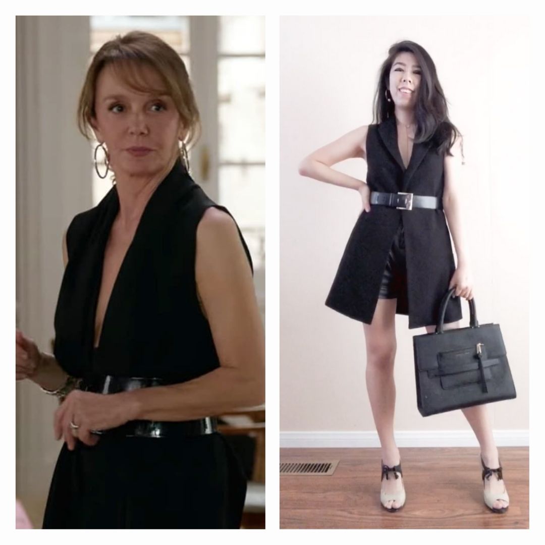 Camille's beige plaid sleeveless dress on Emily in Paris