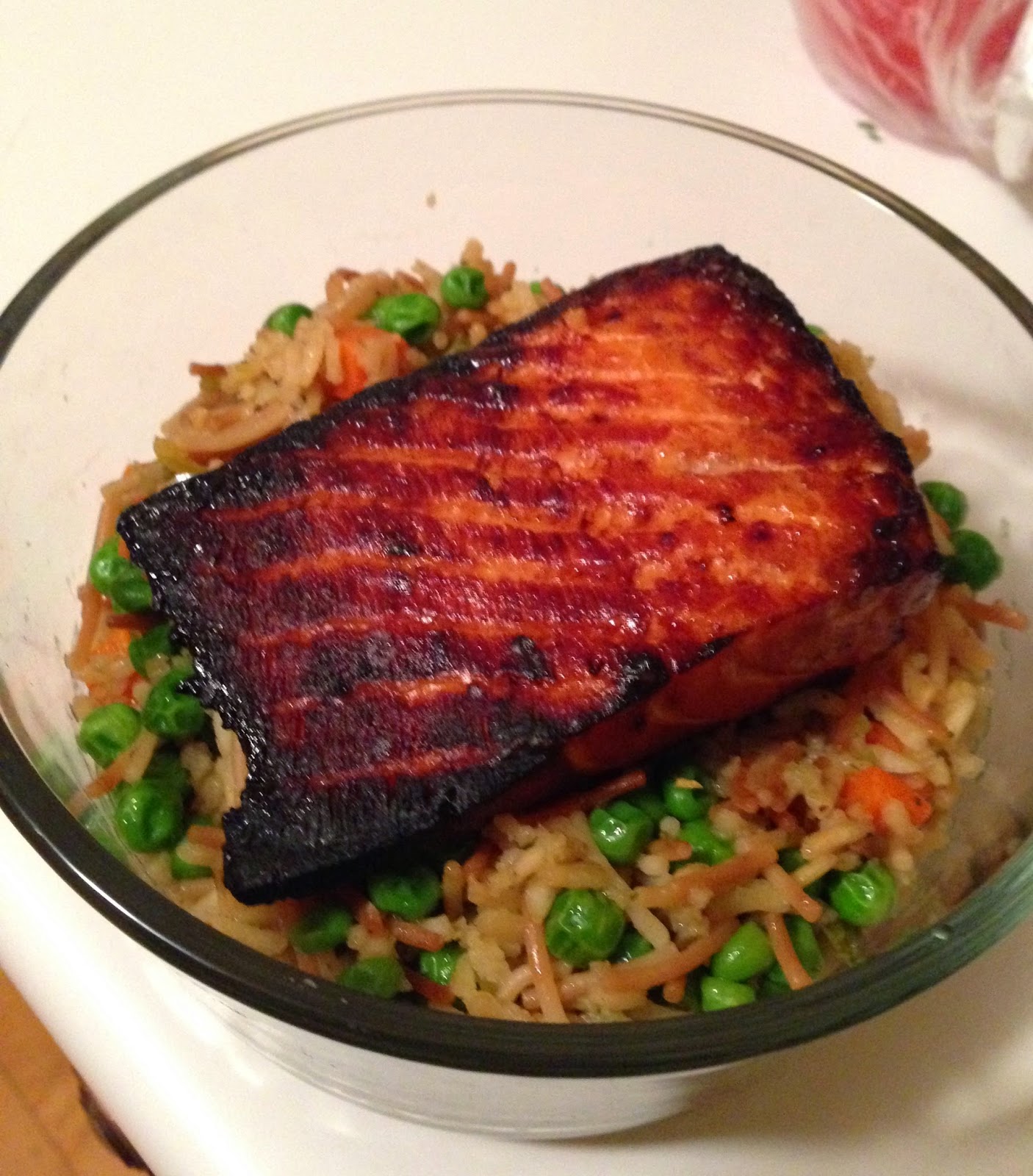 Olive Nosh Broiled Brown Sugar & Soy Sauce Glazed Salmon w/ Fried Rice