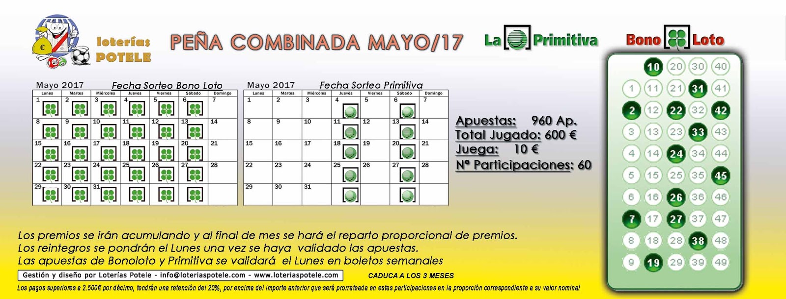 Loterias Potele Peña Combinada Mayo 2017 (Bonoloto Primitiva)