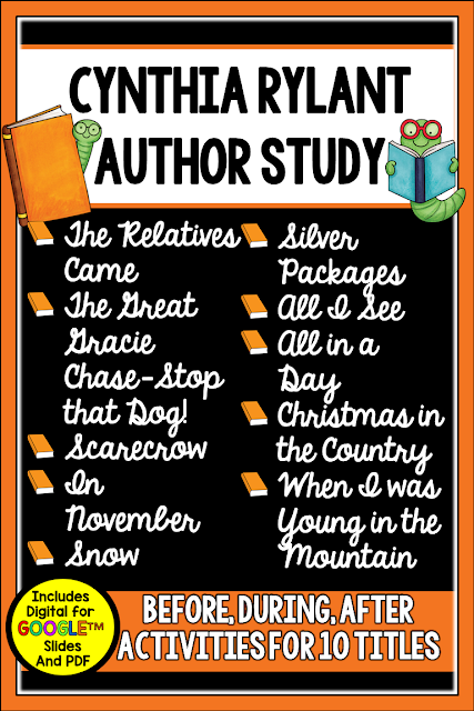 This Cynthia Rylant Author Study includes book units for *10* of her books. There are 384 pages (PDF and Digital) of materials for the books listed. The units work well for guided reading, whole group skill modeling, for partner work, tutoring, and/or sub plans since they are detailed The focus with all is on reading comprehension and writing. Check out this post for more detail. This Cynthia Rylant Author Study includes book units for *10* of her books. There are 384 pages (PDF and Digital) of materials for the books listed. The units work well for guided reading, whole group skill modeling, for partner work, tutoring, and/or sub plans since they are detailed The focus with all is on reading comprehension and writing. Check out this post for more detail.